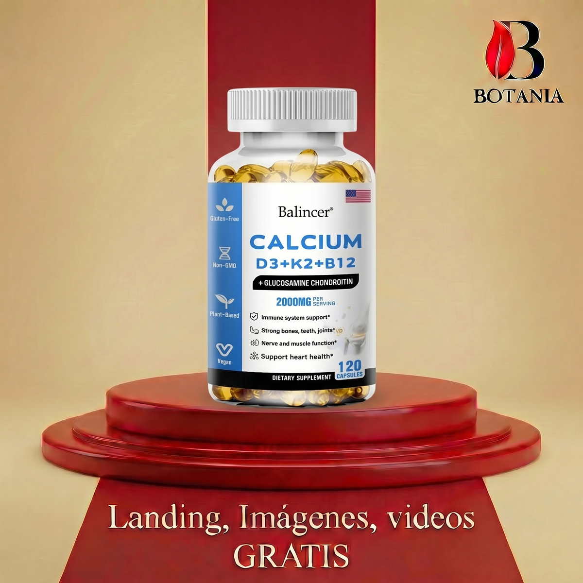 Frasco de Balincer Calcium D3 + K2 + B12 de 90 cápsulas