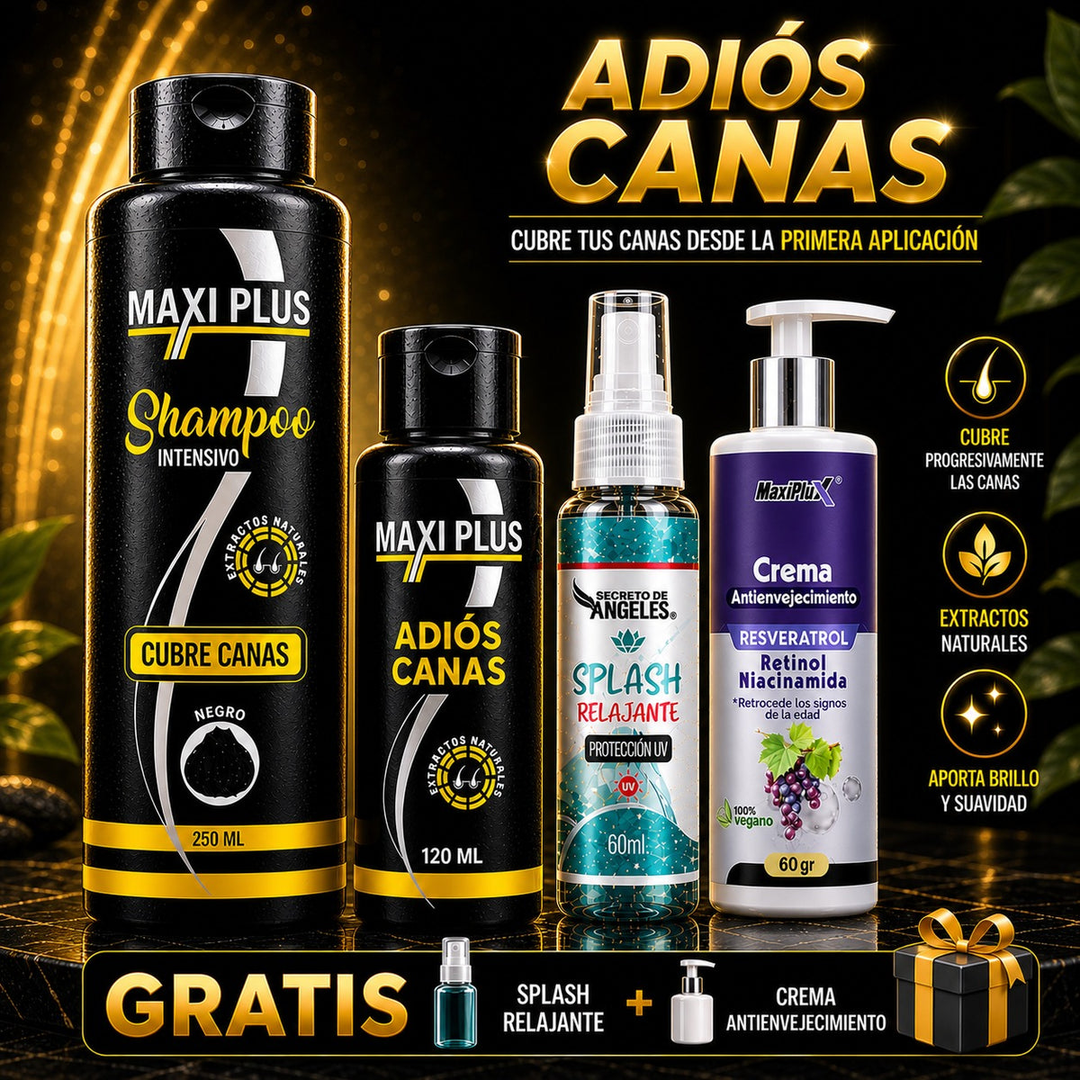 Champú cubre canas Maxiplus con los obsequios que se incluyen en el pedido