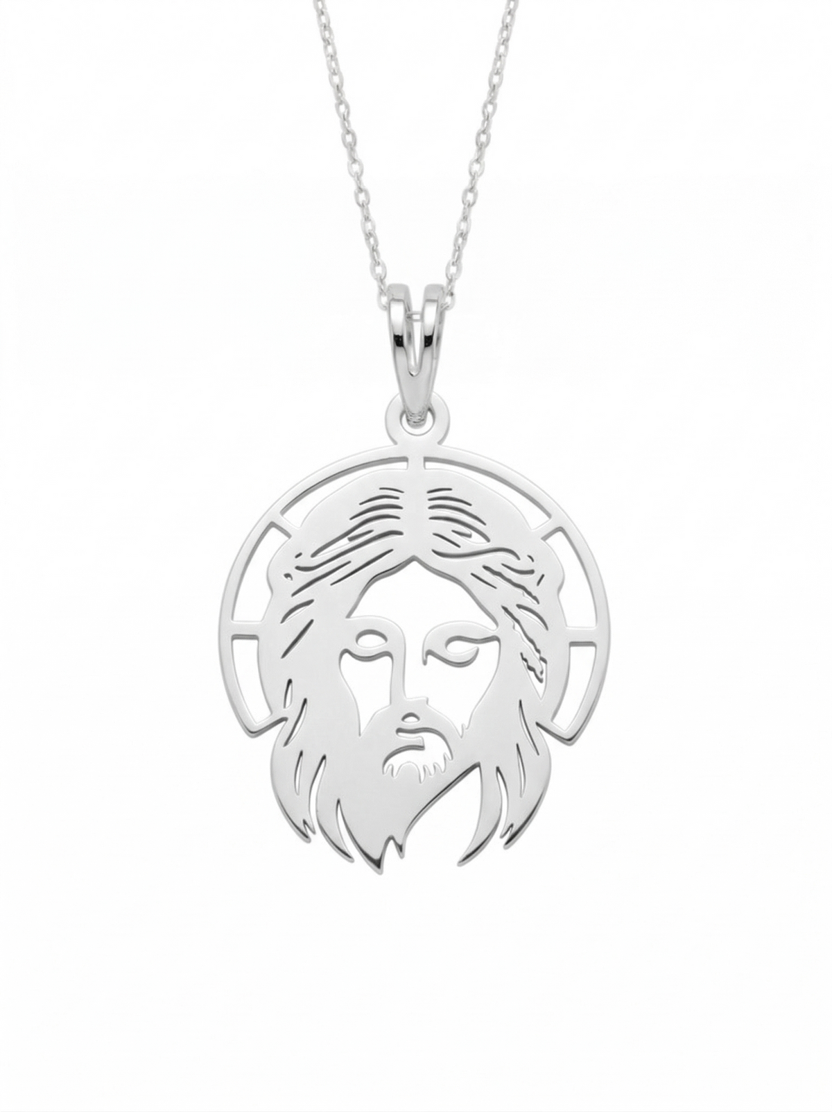 Cadena y dije del rostro de Jesús en plata 925 sobre fondo claro
