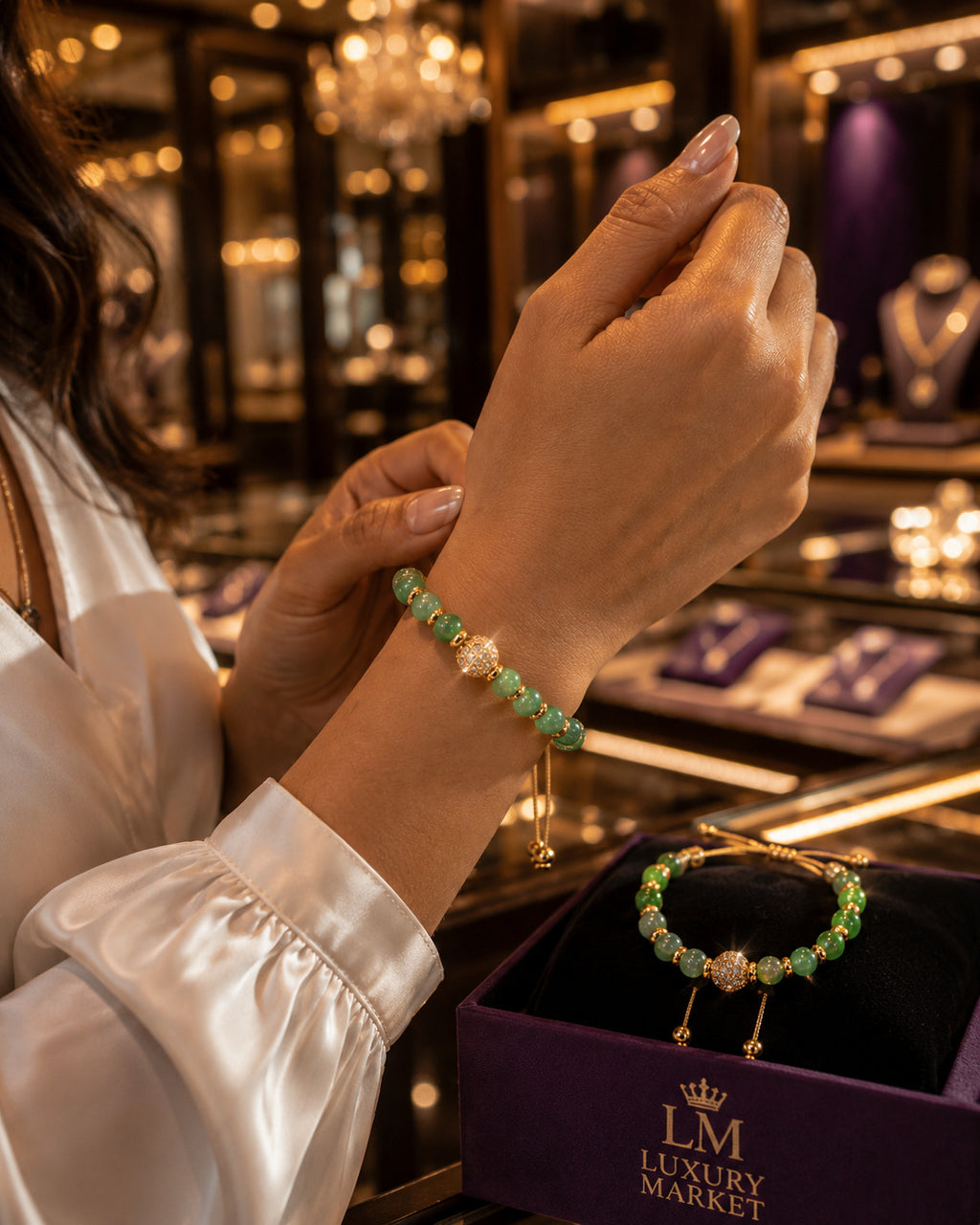 Pulsera de jade puesta en la muñeca