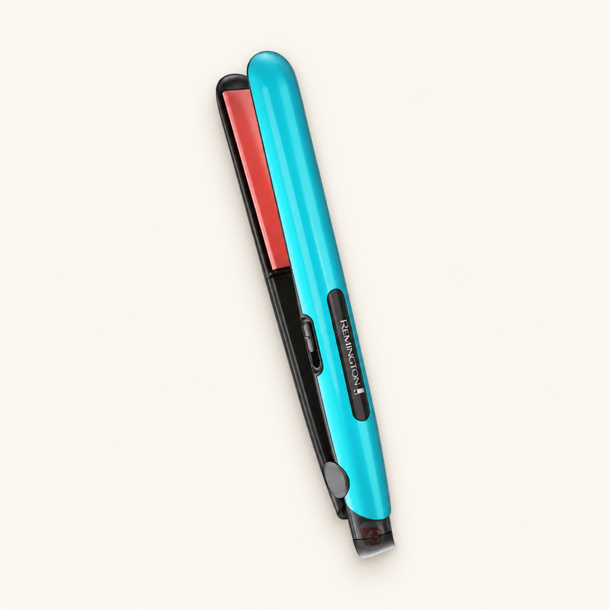 Plancha Remington Ceramic Colors turquesa con placas coral, sobre fondo crema