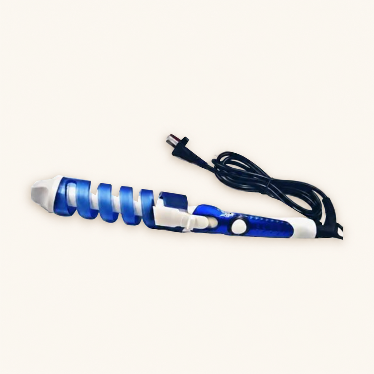 Rizador Nova azul y blanco con guía en espiral y cable, sobre fondo crema