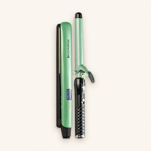 Plancha de cabello y pinza Remilngton SD10 verdes, sobre fondo crema