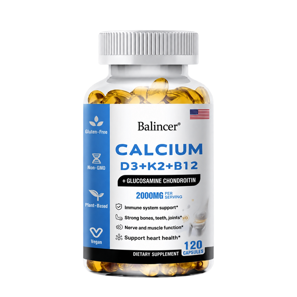 Balincer Calcium D3 + K2 + B12 90 Cápsulas, producto aislado sobre fondo transparente