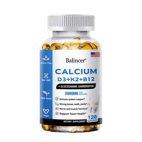 Balincer Calcium D3 + K2 + B12 90 Cápsulas, producto aislado sobre fondo transparente