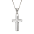 Cadena y dije cruz calada pequeña en plata, con el dije y el tramo visible de cadena aislados sobre fondo transparente.