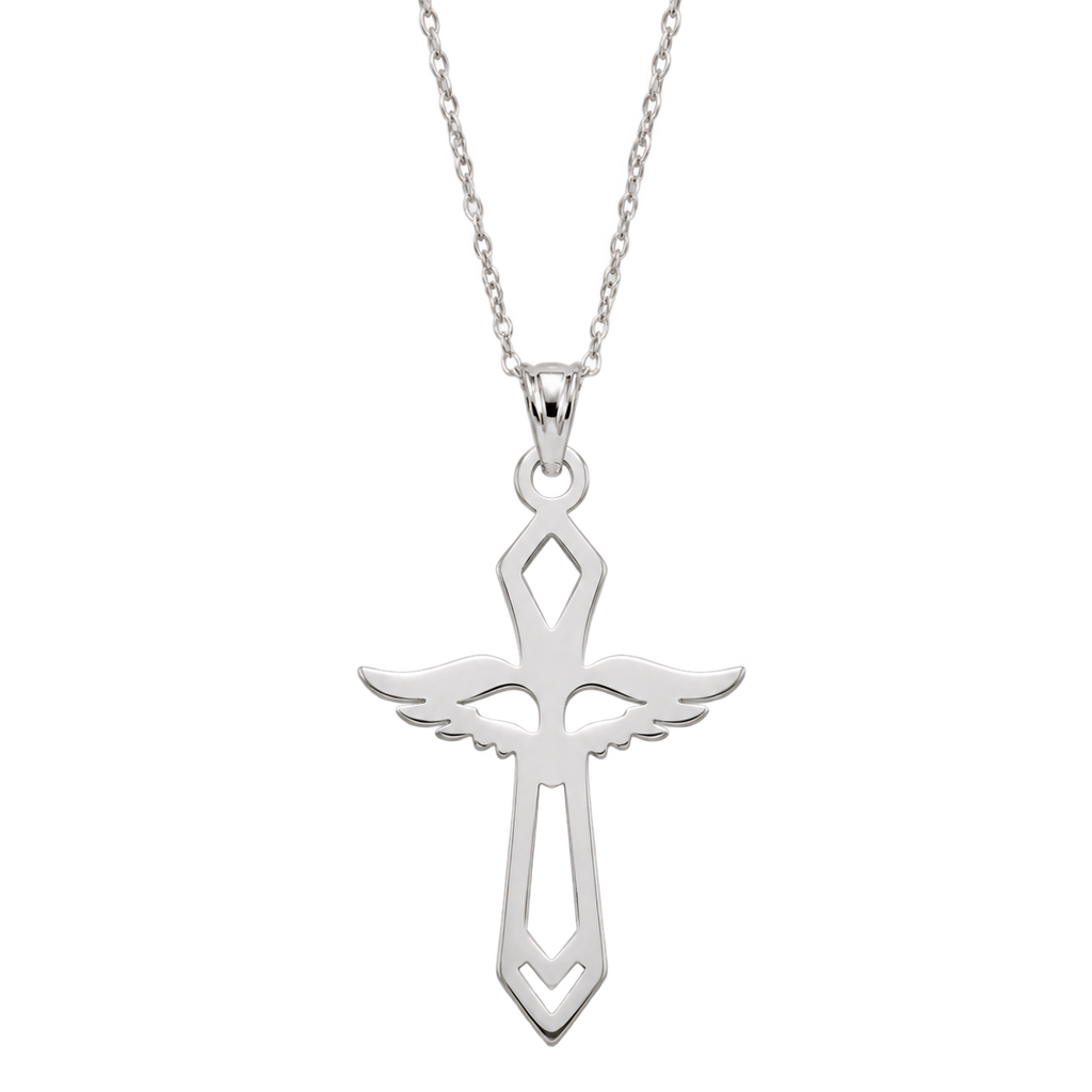 Cadena y dije cruz Espíritu Santo pequeña en plata, producto aislado sobre fondo transparente.