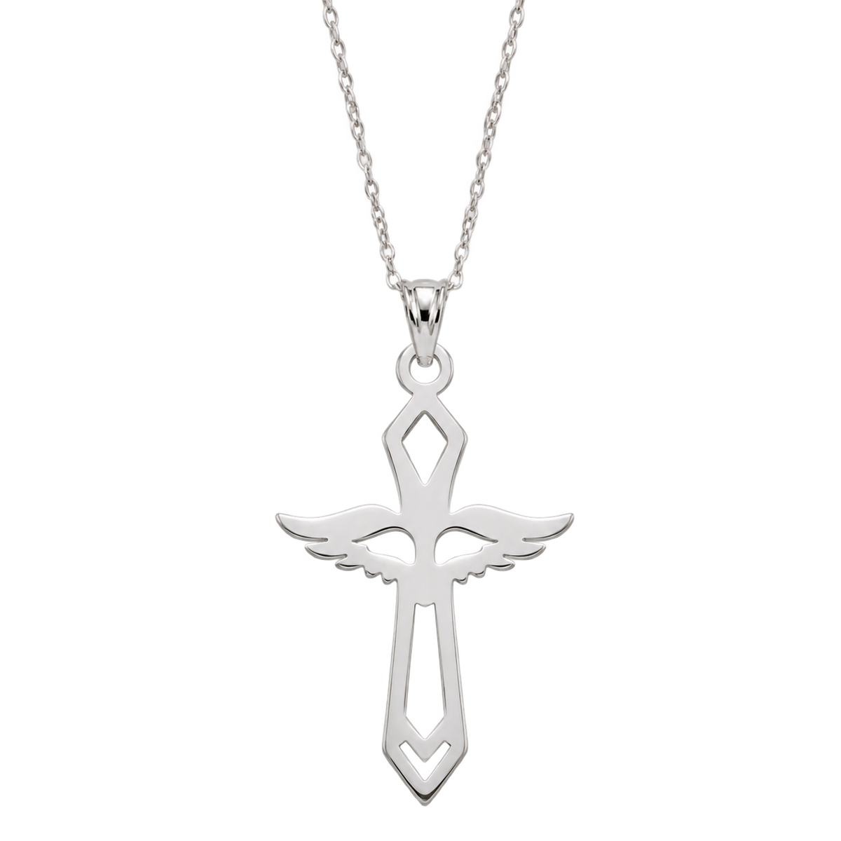 Cadena y dije cruz Espíritu Santo pequeña en plata, producto aislado sobre fondo transparente.