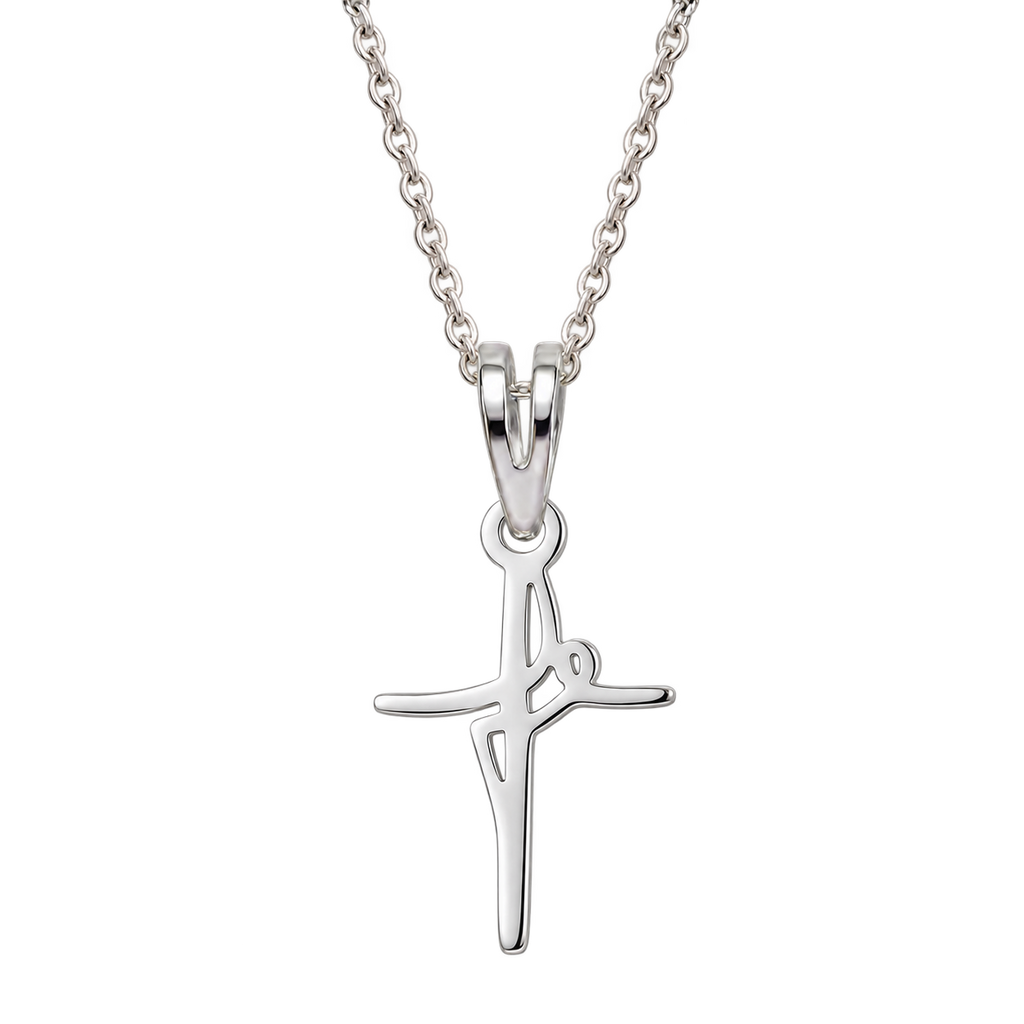 Cadena y dije cruz fe grande en plata 925, producto aislado sobre fondo transparente.
