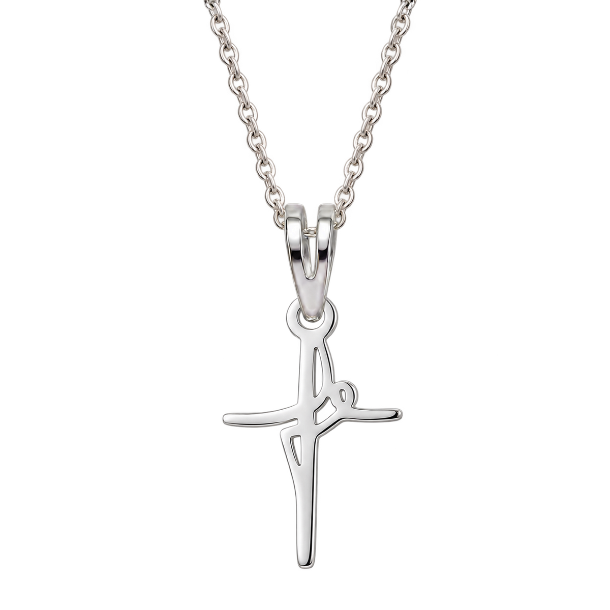 Cadena y dije cruz fe grande en plata 925, producto aislado sobre fondo transparente.
