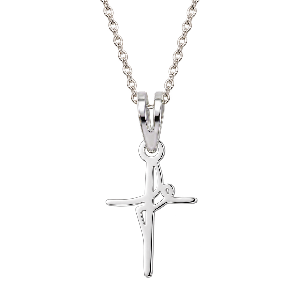 Cadena y dije cruz fe pequeña en plata 925, producto aislado sobre fondo transparente.