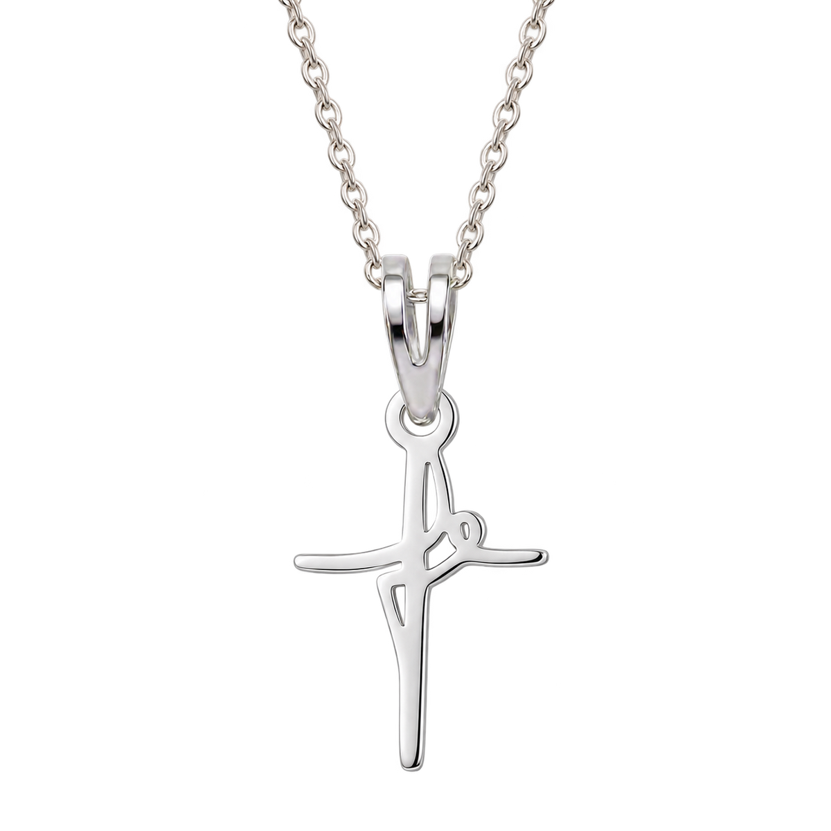Cadena y dije cruz fe pequeña en plata 925, producto aislado sobre fondo transparente.