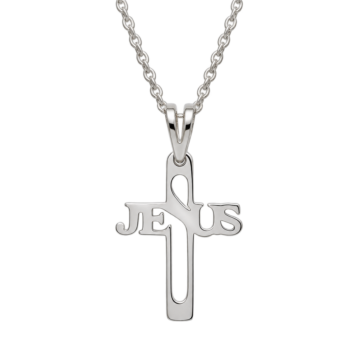 Cadena y dije cruz de Jesús grande en plata, producto aislado sobre fondo transparente.