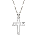 Cadena y dije cruz de Jesús pequeña en plata, con el dije y el tramo visible de cadena aislados sobre fondo transparente.