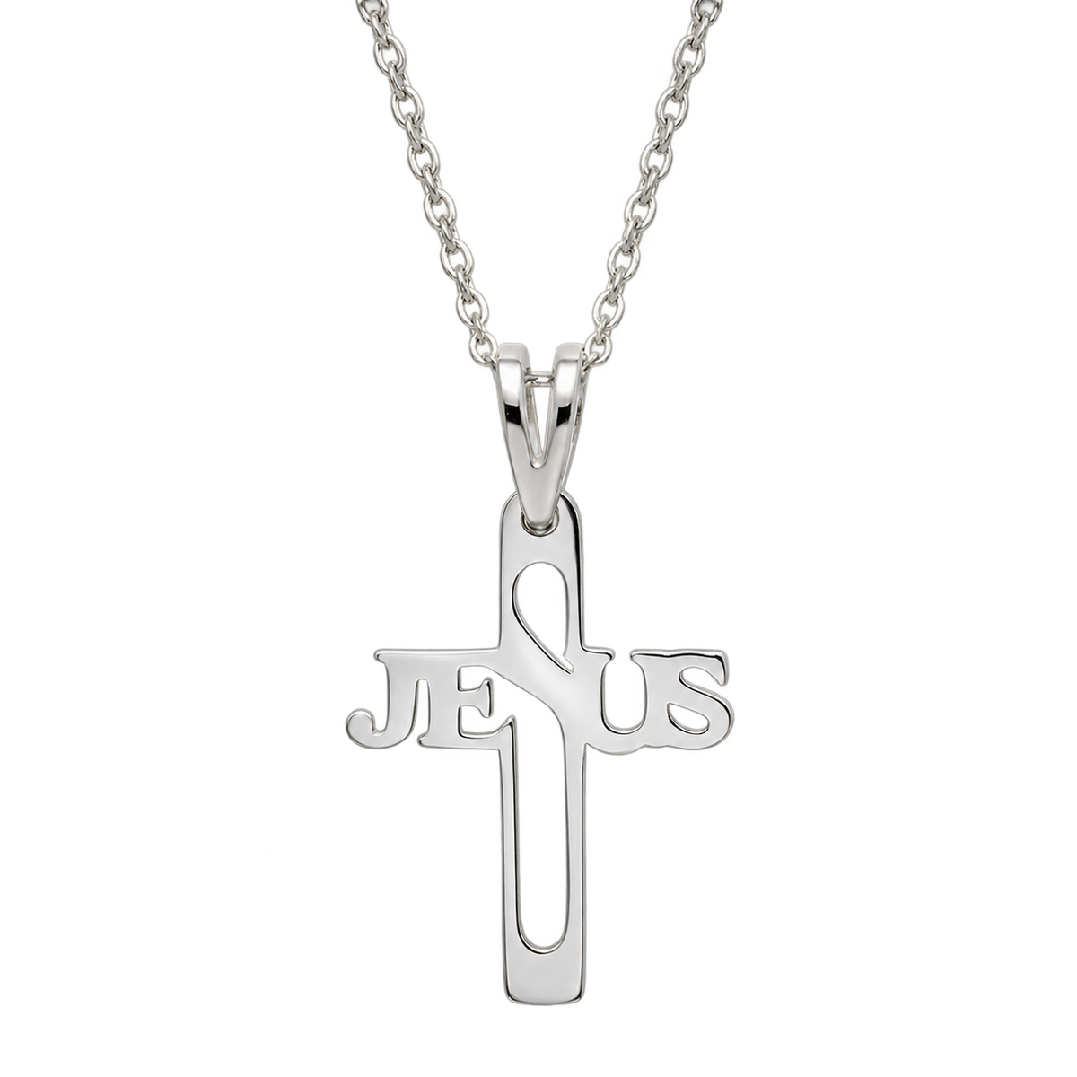Cadena y dije cruz de Jesús pequeña en plata, con el dije y el tramo visible de cadena aislados sobre fondo transparente.