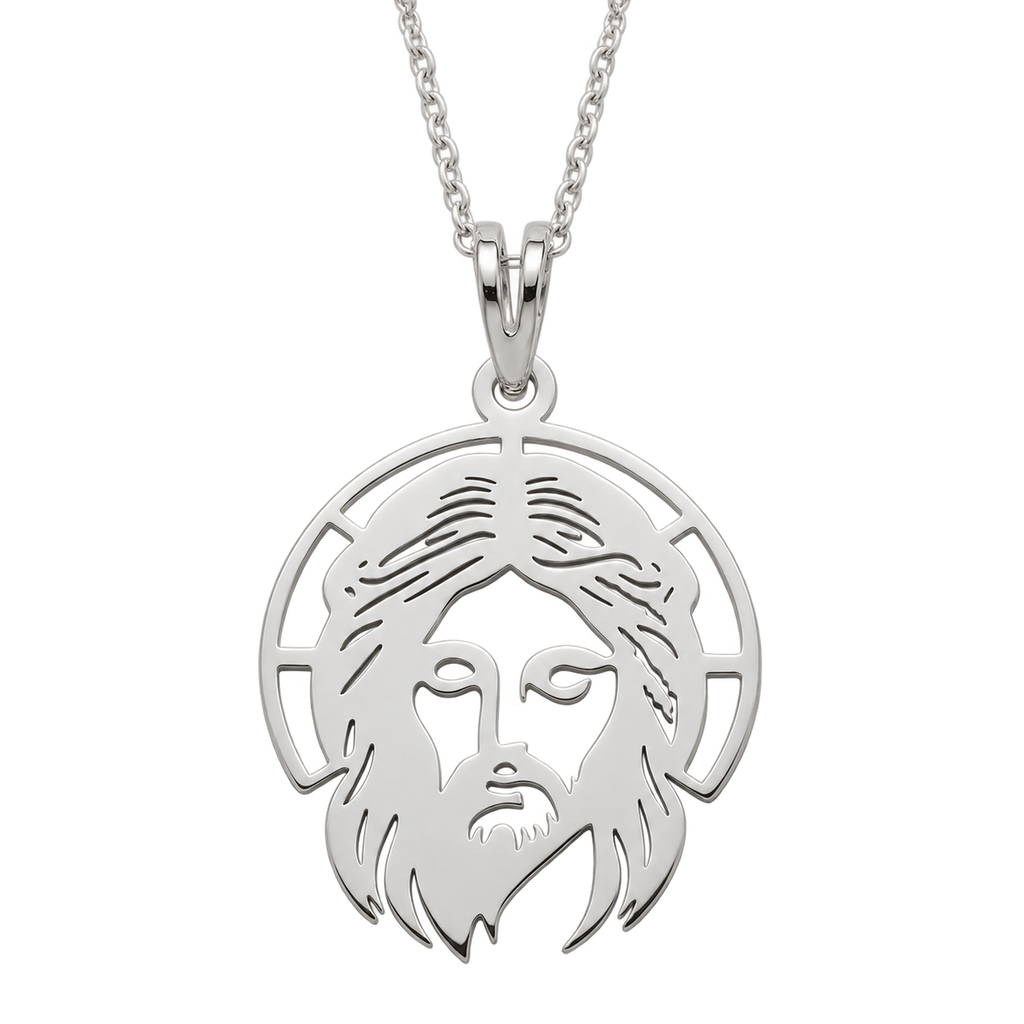 Cadena y dije rostro de Jesús en plata 925, con el dije y el tramo visible de cadena aislados sobre fondo transparente.