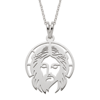 Cadena y dije rostro de Jesús en plata 925, con el dije y el tramo visible de cadena aislados sobre fondo transparente.