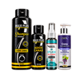 Champú cubre canas Maxi Plus con frasco adicional, splash y crema incluidos, cuatro envases sobre fondo transparente.