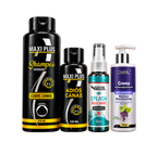 Champú cubre canas Maxi Plus con frasco adicional, splash y crema incluidos, cuatro envases sobre fondo transparente.