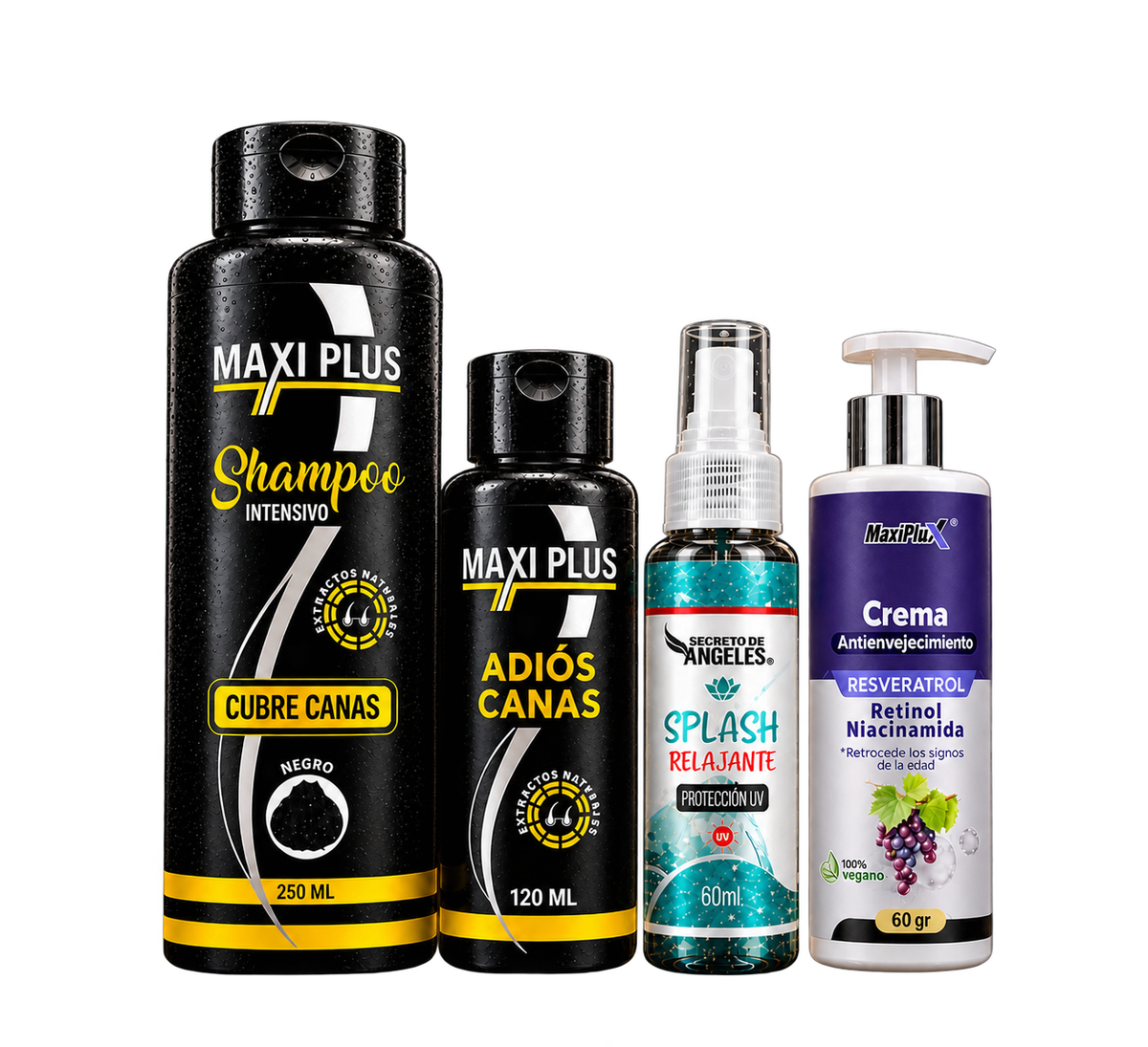 Champú cubre canas Maxi Plus con frasco adicional, splash y crema incluidos, cuatro envases sobre fondo transparente.