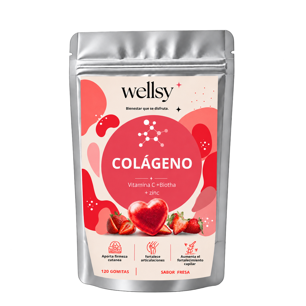Bolsa plateada Wellsy de gomitas de colágeno, 120 unidades, con etiqueta roja, aislada sobre fondo transparente.