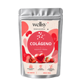 Bolsa plateada Wellsy de gomitas de colágeno, 120 unidades, con etiqueta roja, aislada sobre fondo transparente.