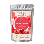 Bolsa plateada Wellsy de gomitas de colágeno, 120 unidades, con etiqueta roja, aislada sobre fondo transparente.