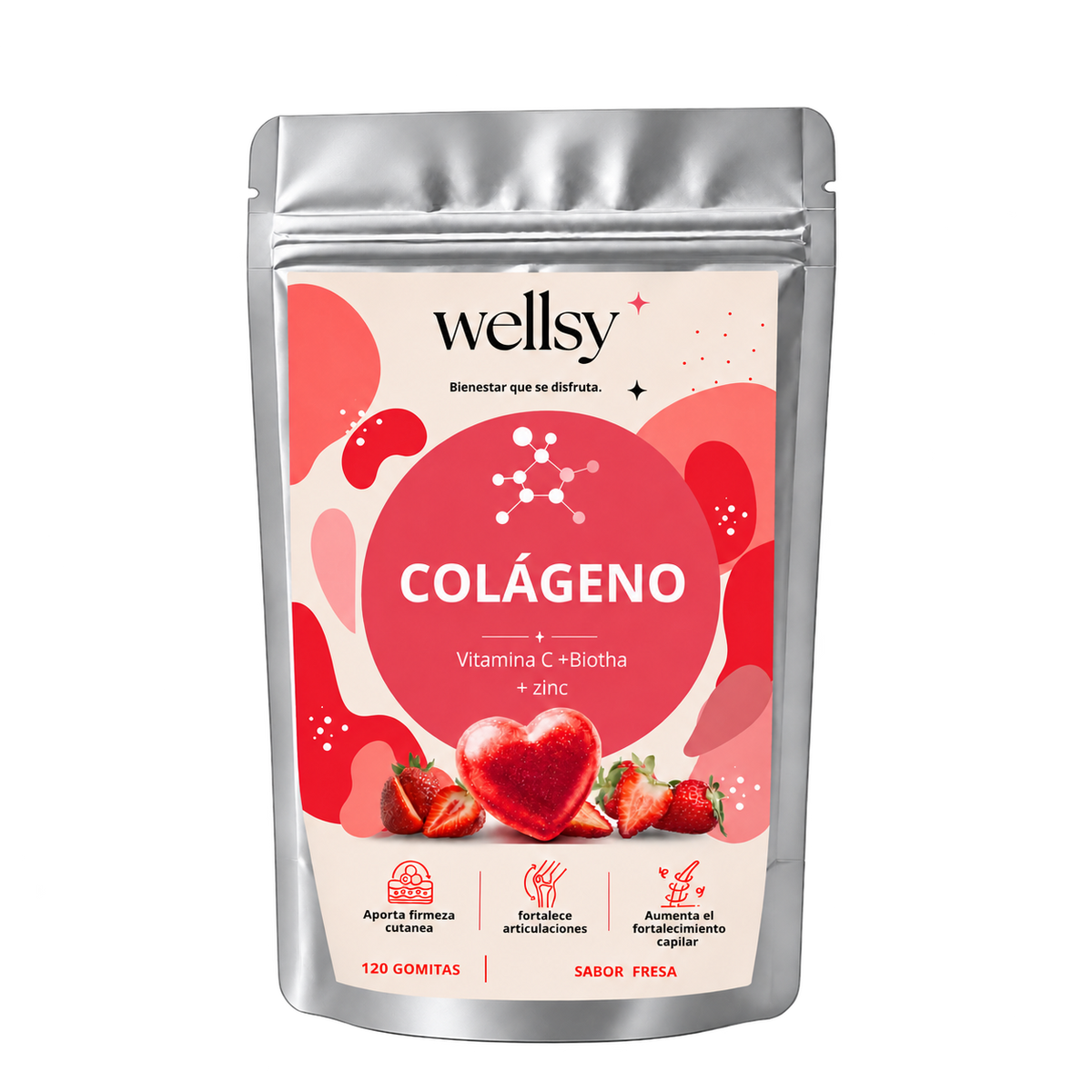 Bolsa plateada Wellsy de gomitas de colágeno, 120 unidades, con etiqueta roja, aislada sobre fondo transparente.