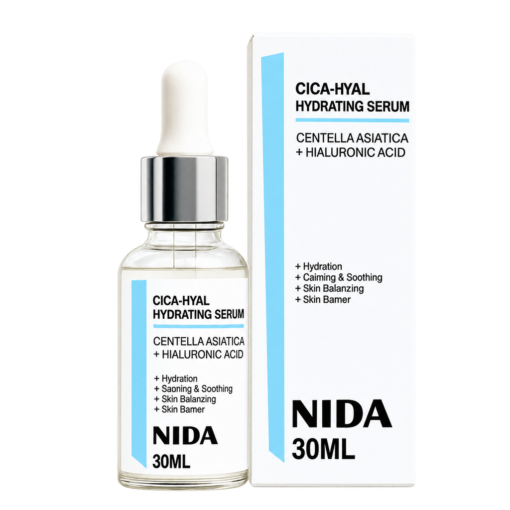 Frasco de sérum Nida Cica-Hyal de 30 ml con gotero y su caja blanca y azul, sobre fondo transparente.