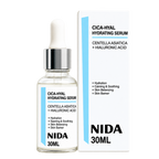 Frasco de sérum Nida Cica-Hyal de 30 ml con gotero y su caja blanca y azul, sobre fondo transparente.