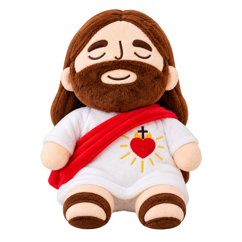 Peluche de Jesús antiestrés, producto aislado sobre fondo transparente.