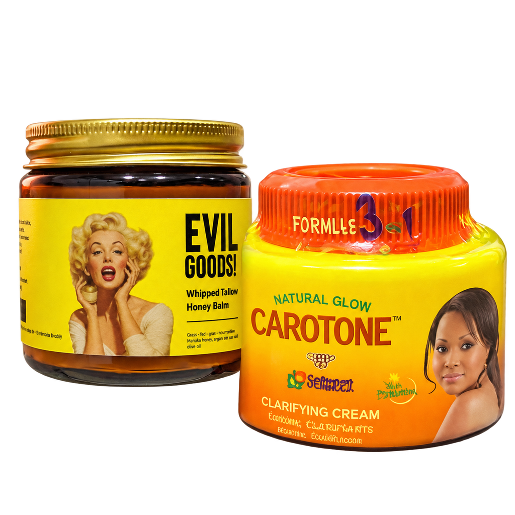 Sebo de res 100 ml y Carotone 135 g + regalo, producto aislado sobre fondo transparente.